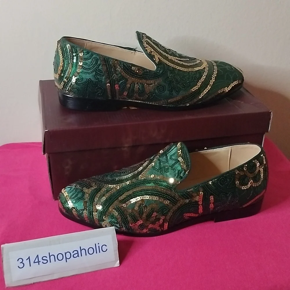 Mens Green / Gold Sequin Loafers - Picture 2 of 6